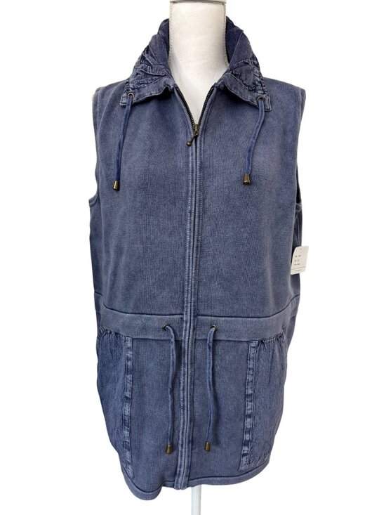 Pbj Blues Tops - Blue Sleeveless Vest With Hood PBJ Blues L Casual Zip Front Drawstring Pocket